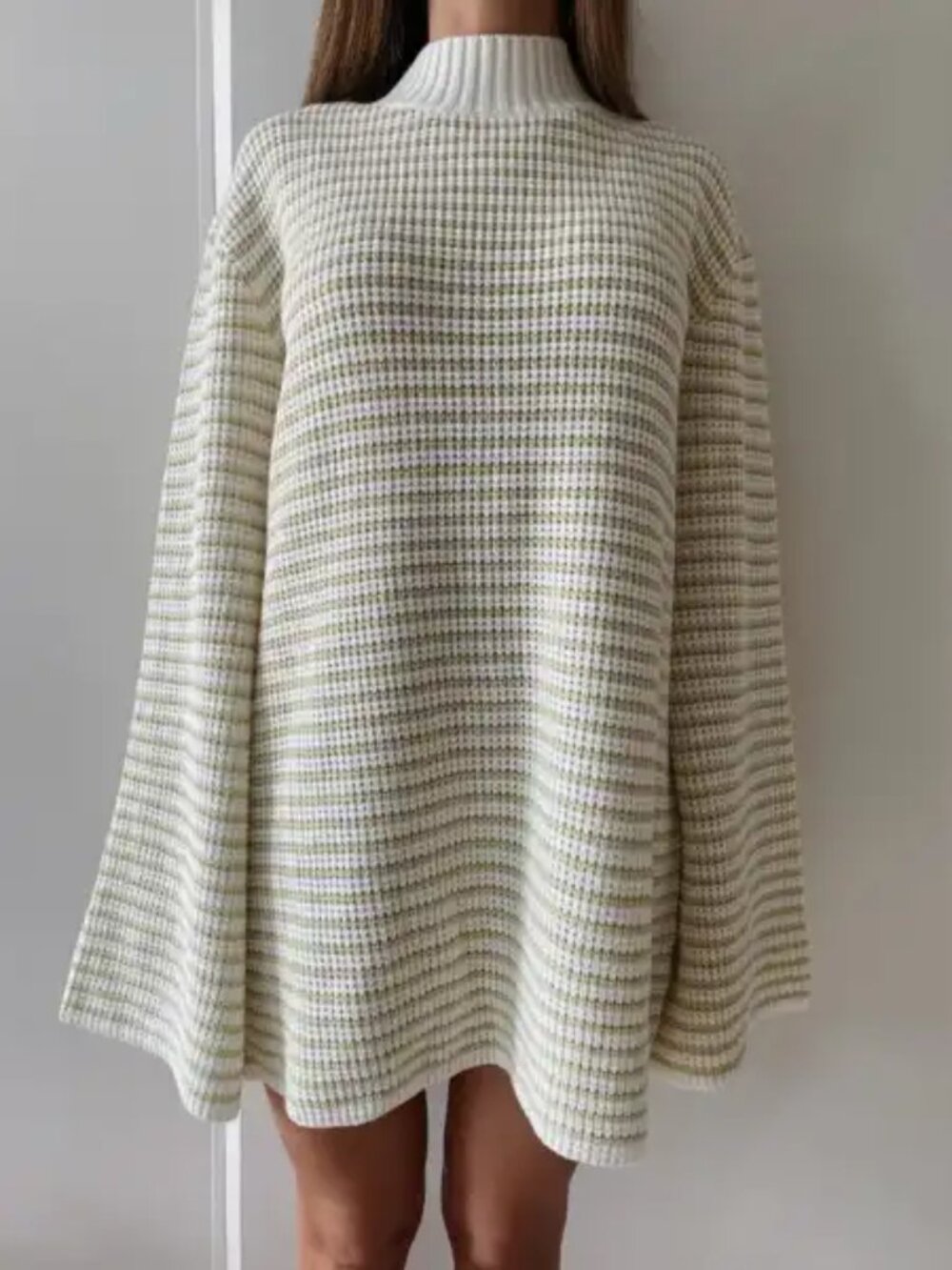 Striped Crewneck Sweater in Cream and Light Green